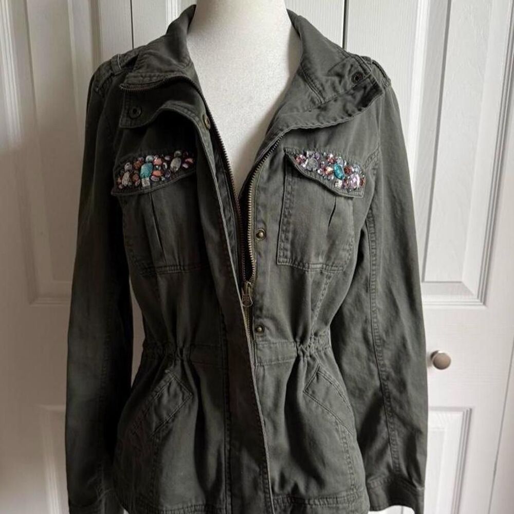 Y2K 2010s green military jacket 100% cotton w/rhinestones size M by Candies